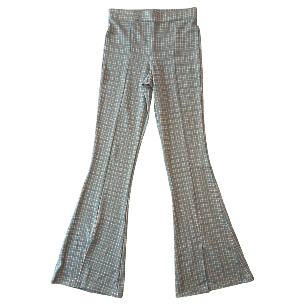 Urban Outfitters Green Gingham Flare Leg Pants Seam Front Slit Hem Womens‎ M